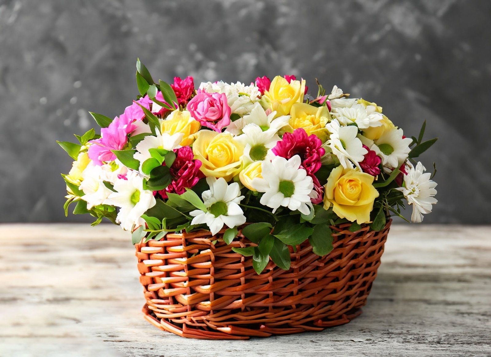 canasta-flores-sobre-mesa-fondo-gris