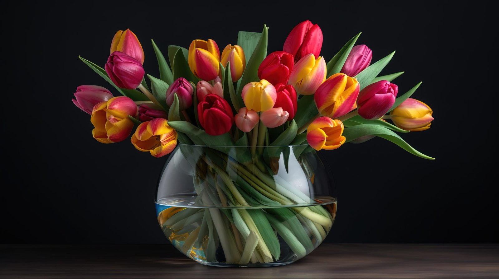 bouquet of orange and pink tulips in a transparent round vase on a dark background. generated ai