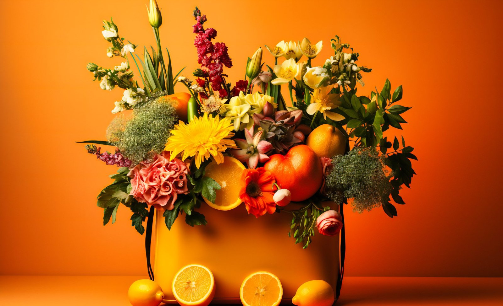 fresh fruit vegetables in a paper bag on a yellow background